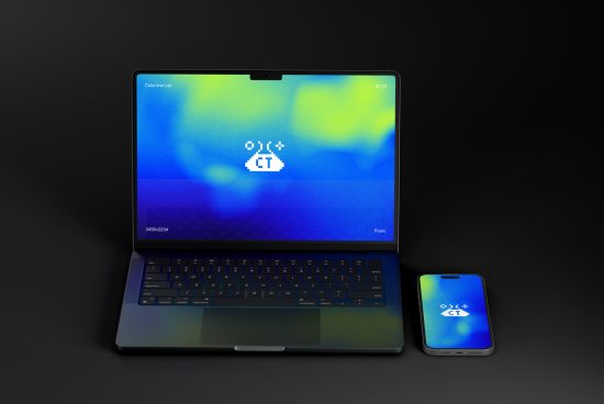 Laptop and smartphone with colorful pixel art screens on dark background, showcasing digital mockup for design presentation.